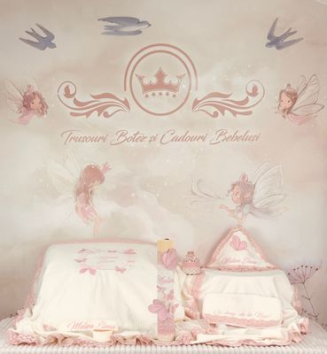 Trusou Muselina Bumbac si Fluturi roz - Set Biserica Personalizat