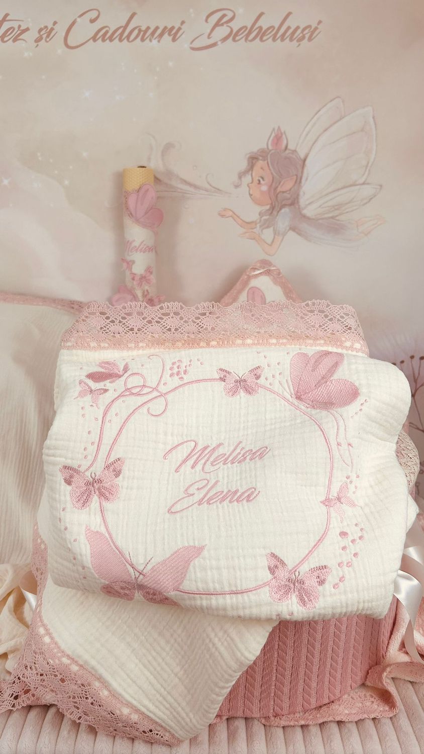 Trusou Muselina Bumbac si Fluturi roz - Set Biserica Personalizat