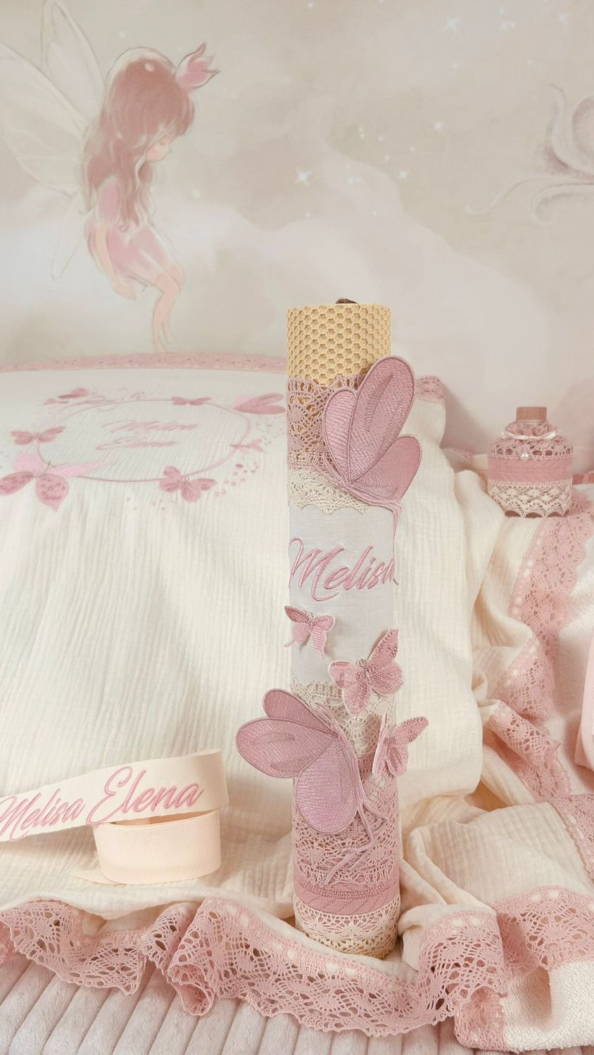 Trusou Muselina Bumbac si Fluturi roz - Set Biserica Personalizat