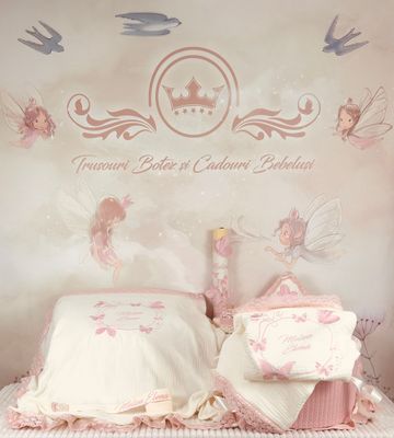 Trusou Muselina Bumbac si Fluturi roz - Set Biserica Personalizat