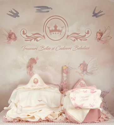 Trusou Muselina Bumbac si Fluturi roz - Set Biserica Personalizat
