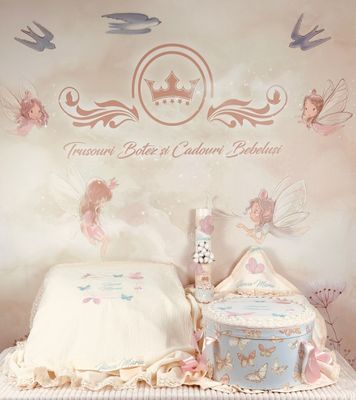 Trusou Botez Muselina Fluturi Aqua - Set Biserica Personalizat