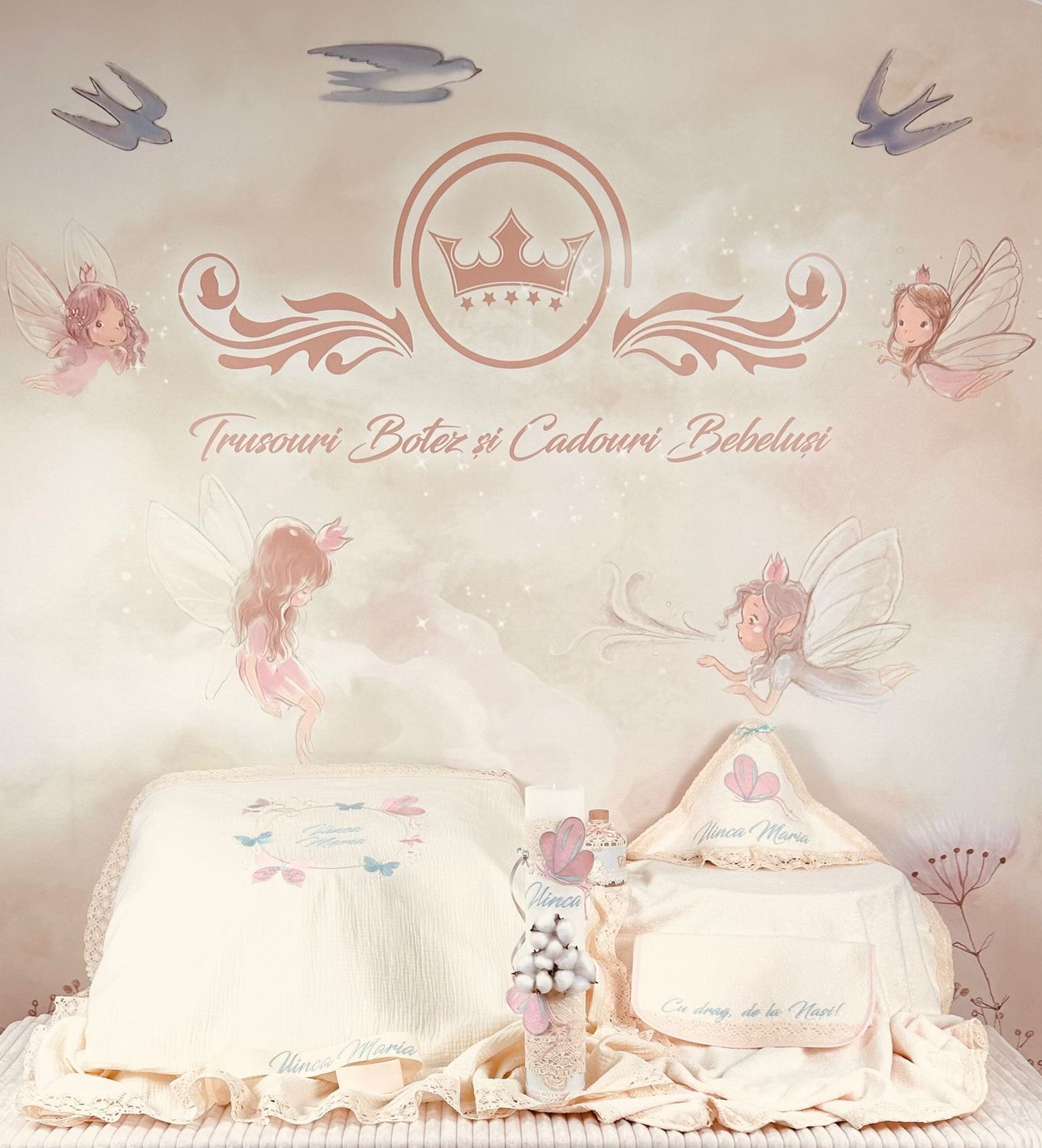 Trusou Botez Muselina Fluturi Aqua - Set Biserica Personalizat