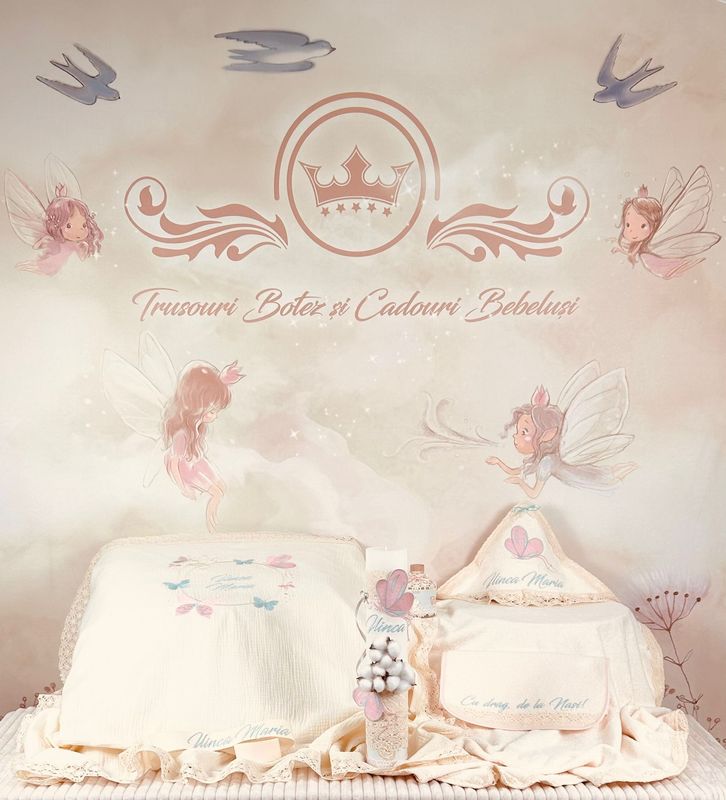 Trusou Botez Muselina Fluturi Aqua - Set Biserica Personalizat