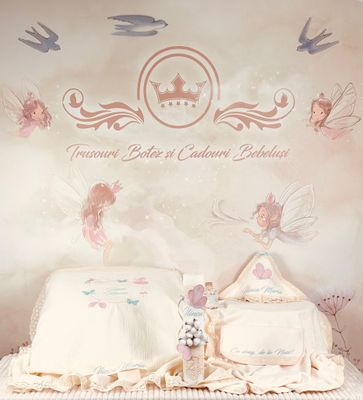 Trusou Botez Muselina Fluturi Aqua - Set Biserica Personalizat