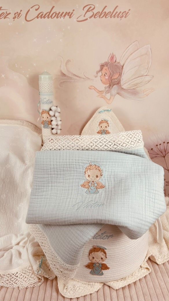 Trusou Botez Muselina Ingeras - Set Biserica Personalizat Premium