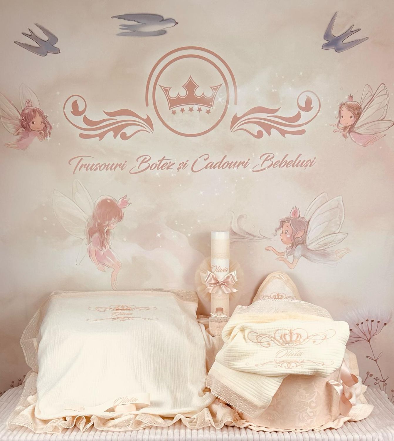 Trusou Botez Personalizat Muselina Regal Ivory nou - Set Biserica
