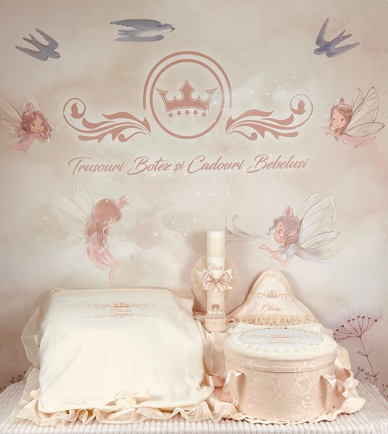 Trusou Botez Personalizat Muselina Regal Ivory nou - Set Biserica