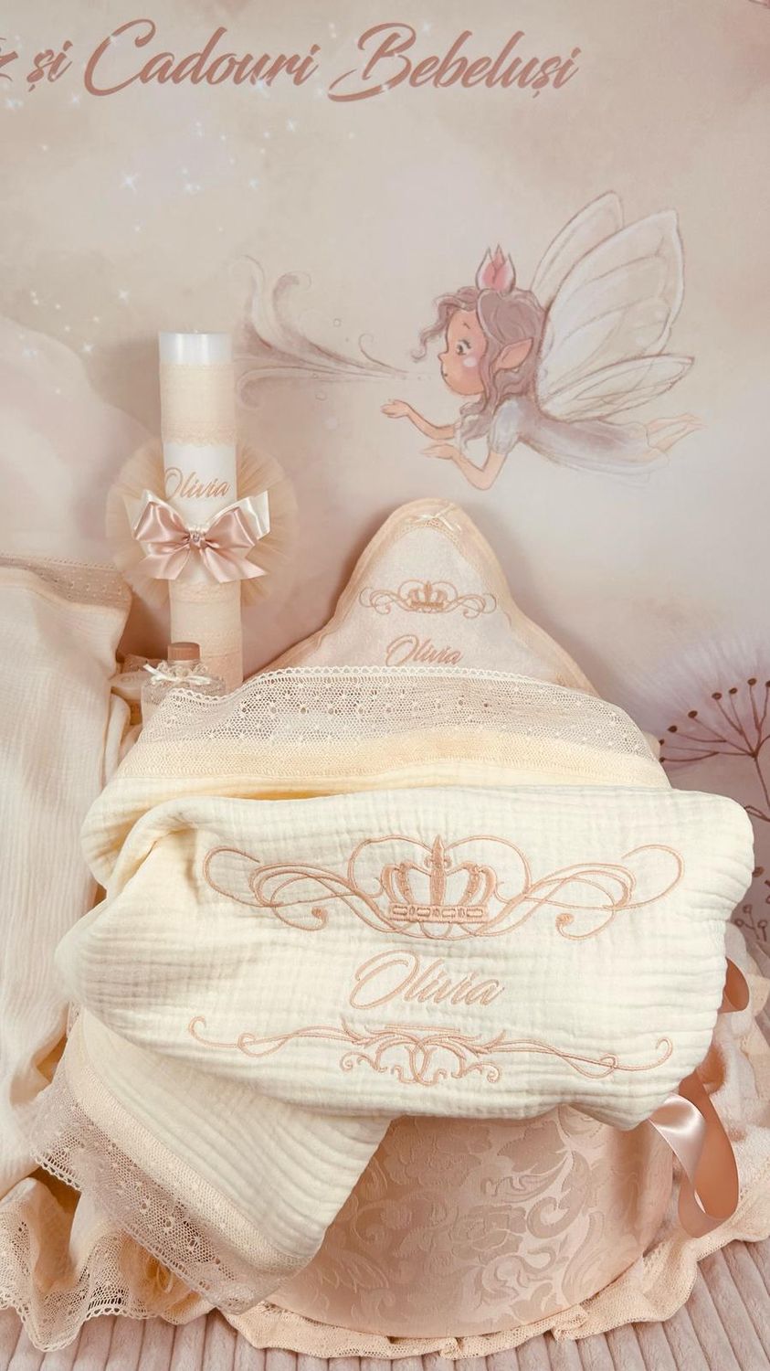 Trusou Botez Personalizat Muselina Regal Ivory nou - Set Biserica