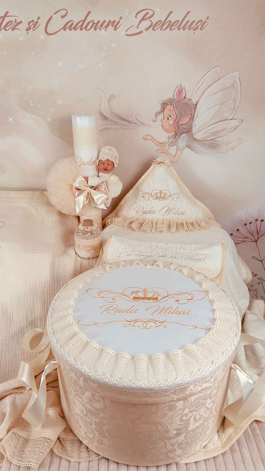 Trusou Botez Personalizat Muselina Regal Ivory  - Set Biserica