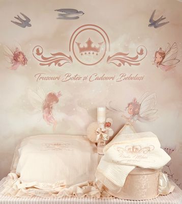 Trusou Botez Personalizat Muselina Regal Ivory  - Set Biserica