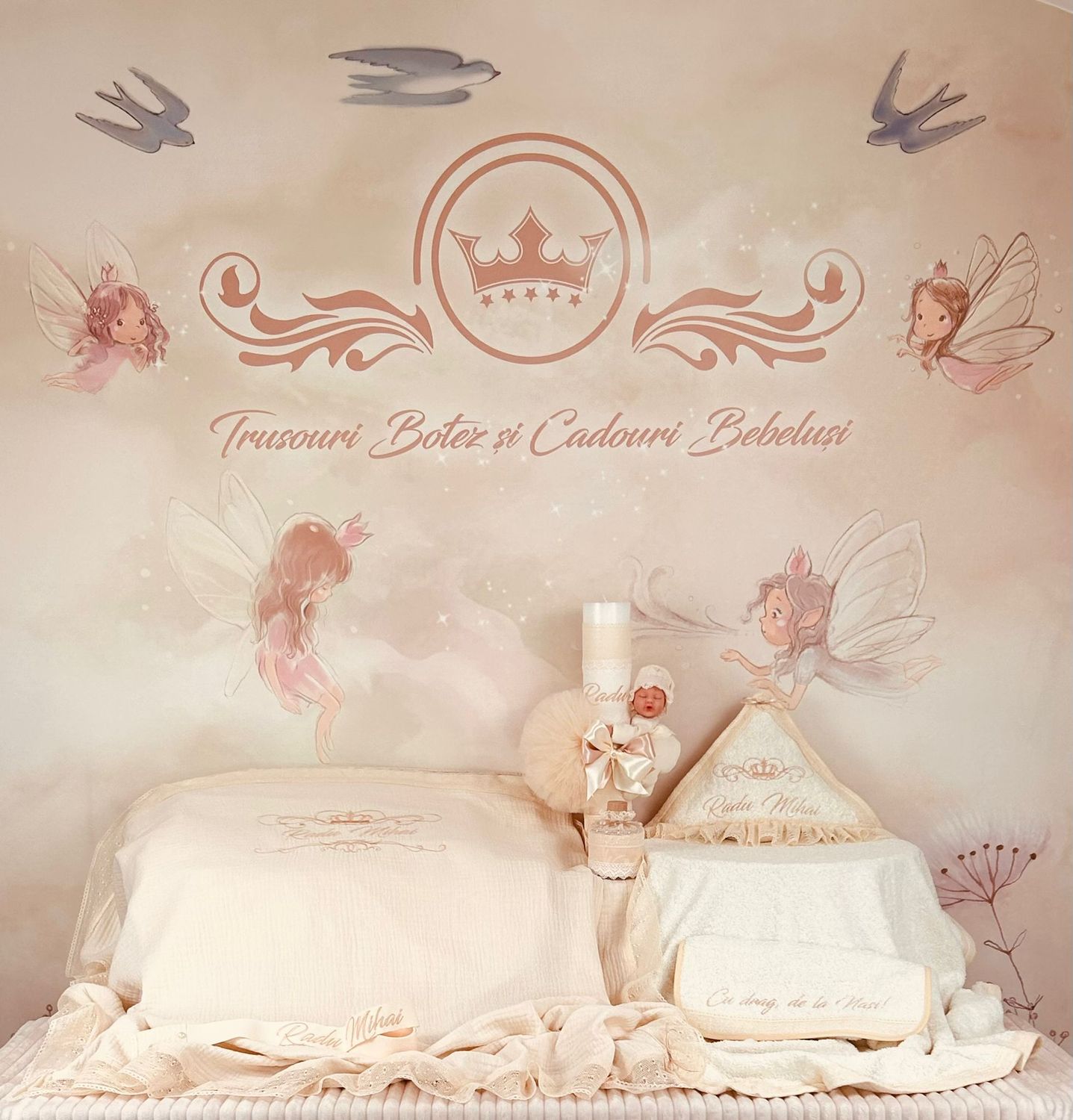 Trusou Botez Personalizat Muselina Regal Ivory  - Set Biserica
