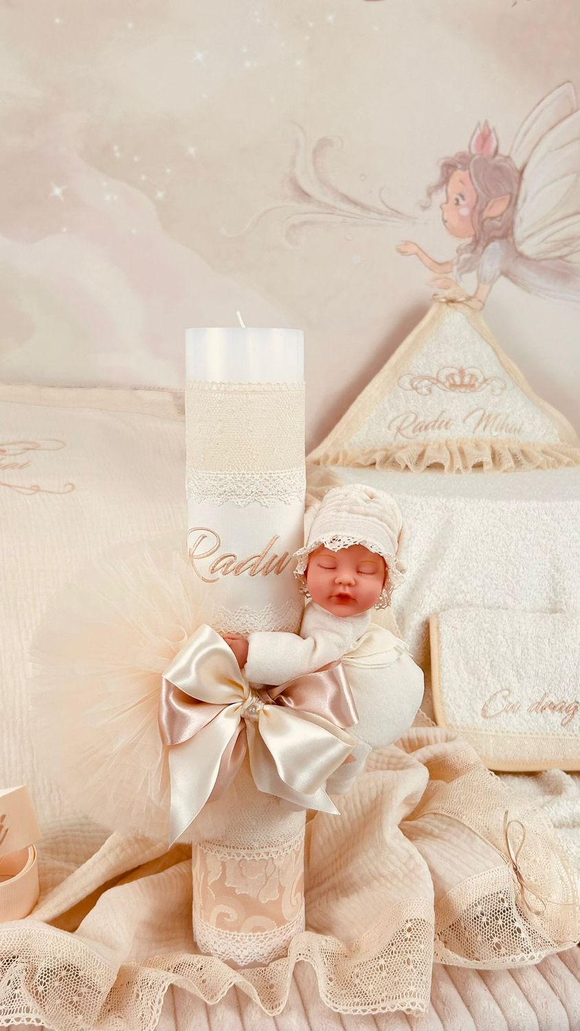 Trusou Botez Personalizat Muselina Regal Ivory  - Set Biserica