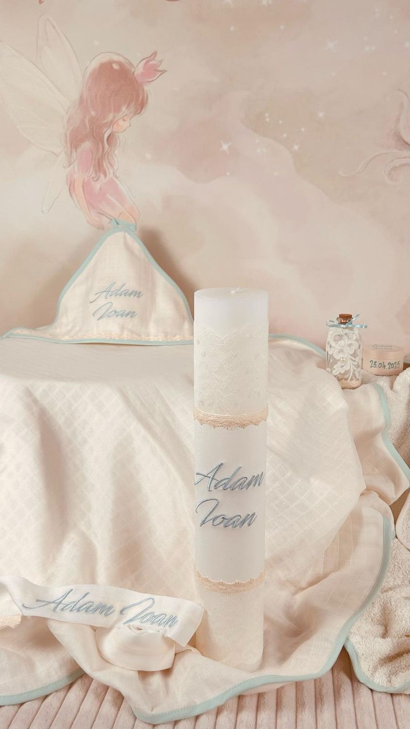 Trusou Botez din MUSELINA Aqua - Set Biserica
