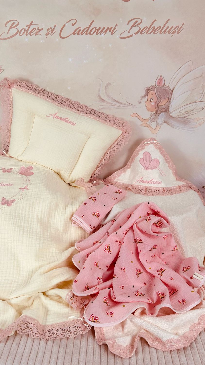 Set Cadou Botez muselina fluturi roz