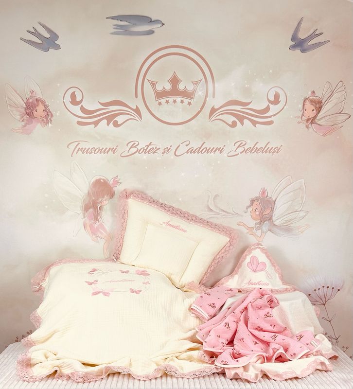 Set Cadou Botez muselina fluturi roz