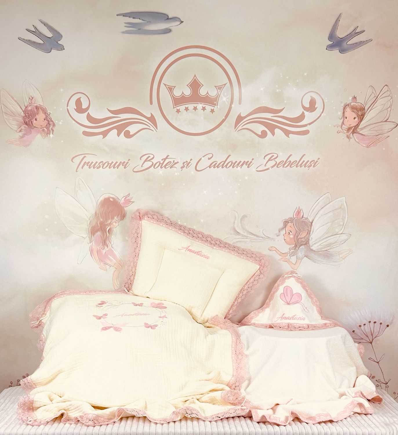 Set Cadou Botez muselina fluturi roz