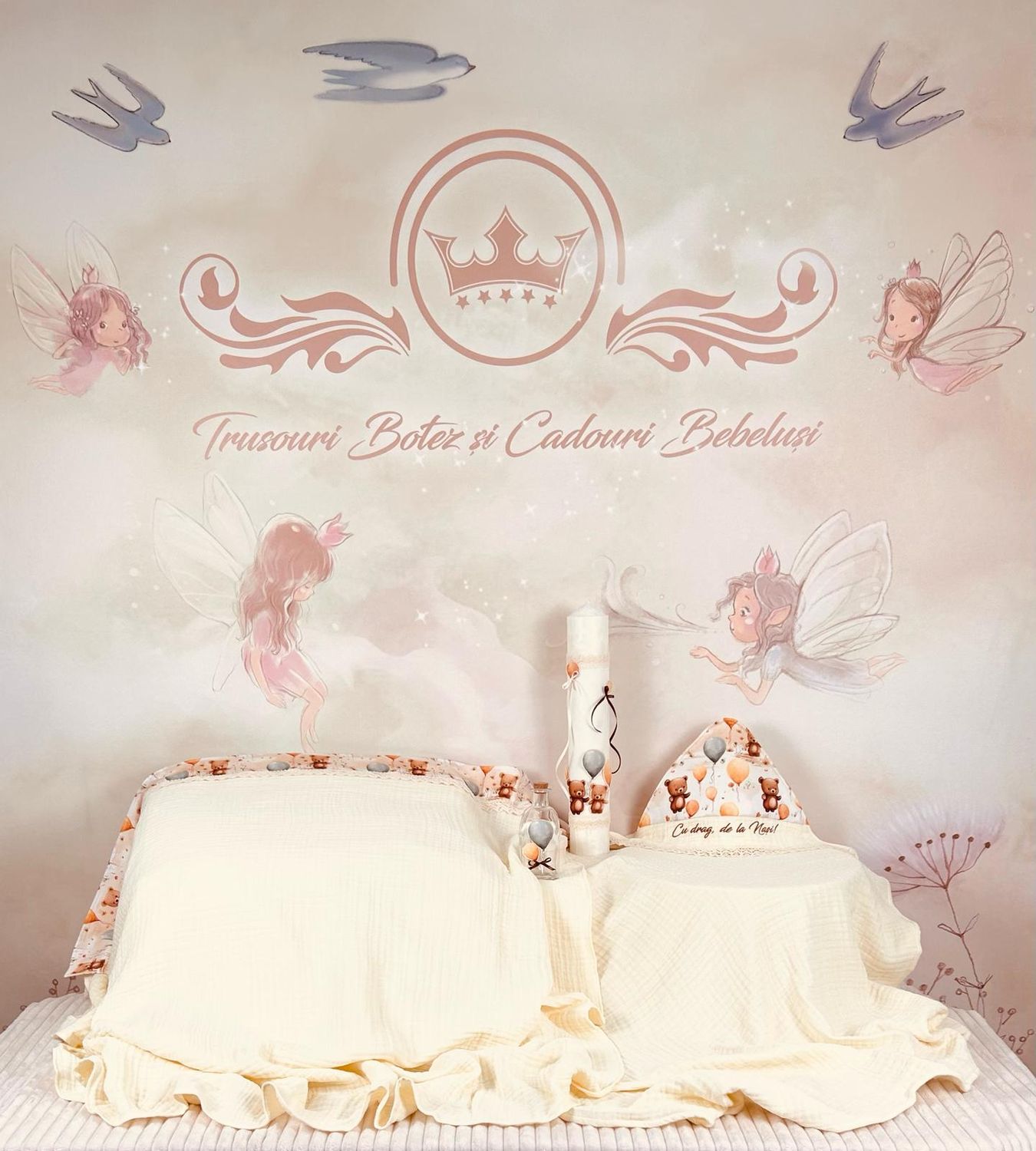 Trusou Botez Muselina Urs cu Baloane- Set Biserica
