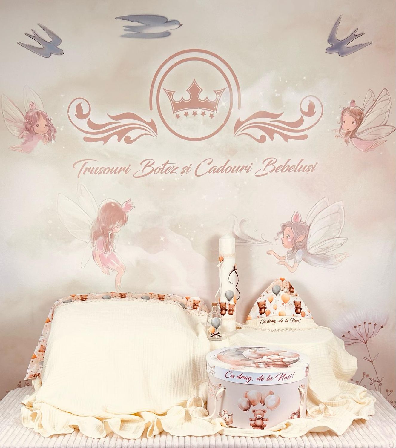 Trusou Botez Muselina Urs cu Baloane- Set Biserica