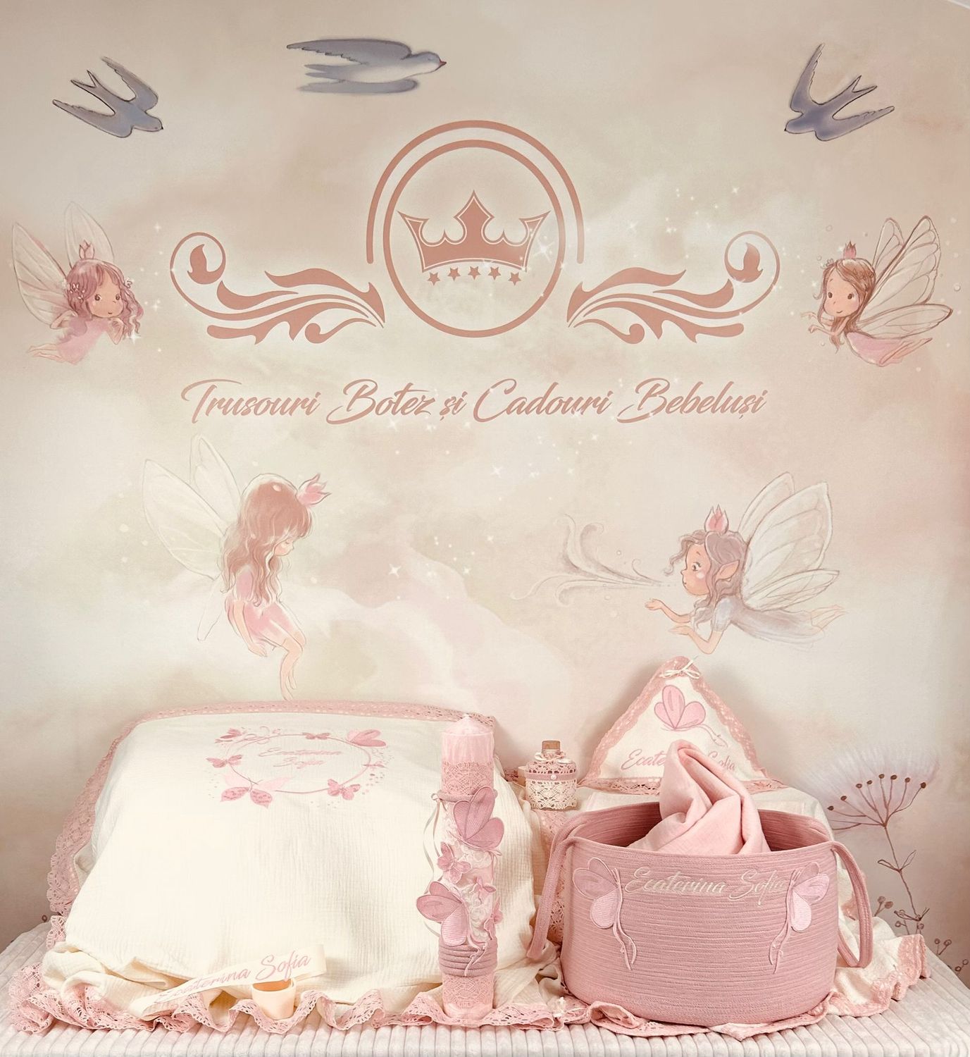 Trusou Botez Muselina Fluturi Roz - Set Biserica