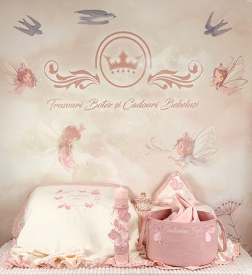 Trusou Botez Muselina Fluturi Roz - Set Biserica
