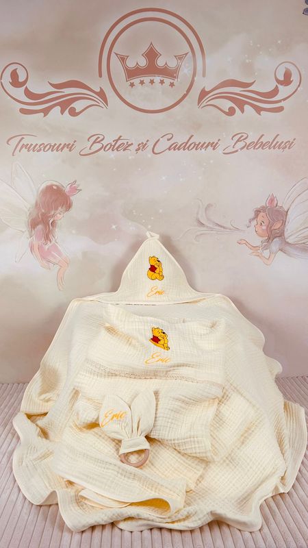 Set Cadou Botez Muselina Ursul galben