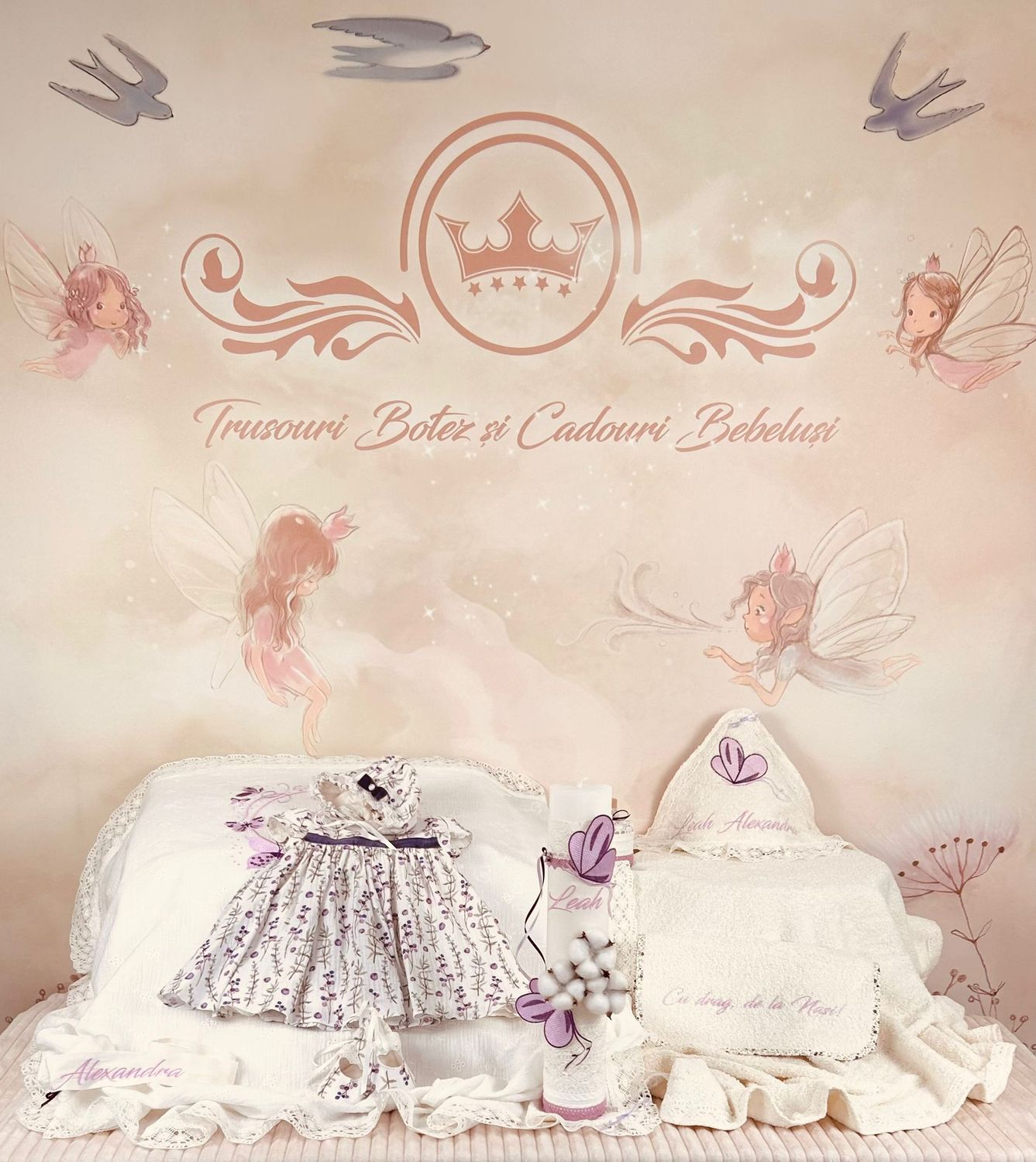 Trusou Muselina Fluturi Mov cu Lila Set Biserica Premium