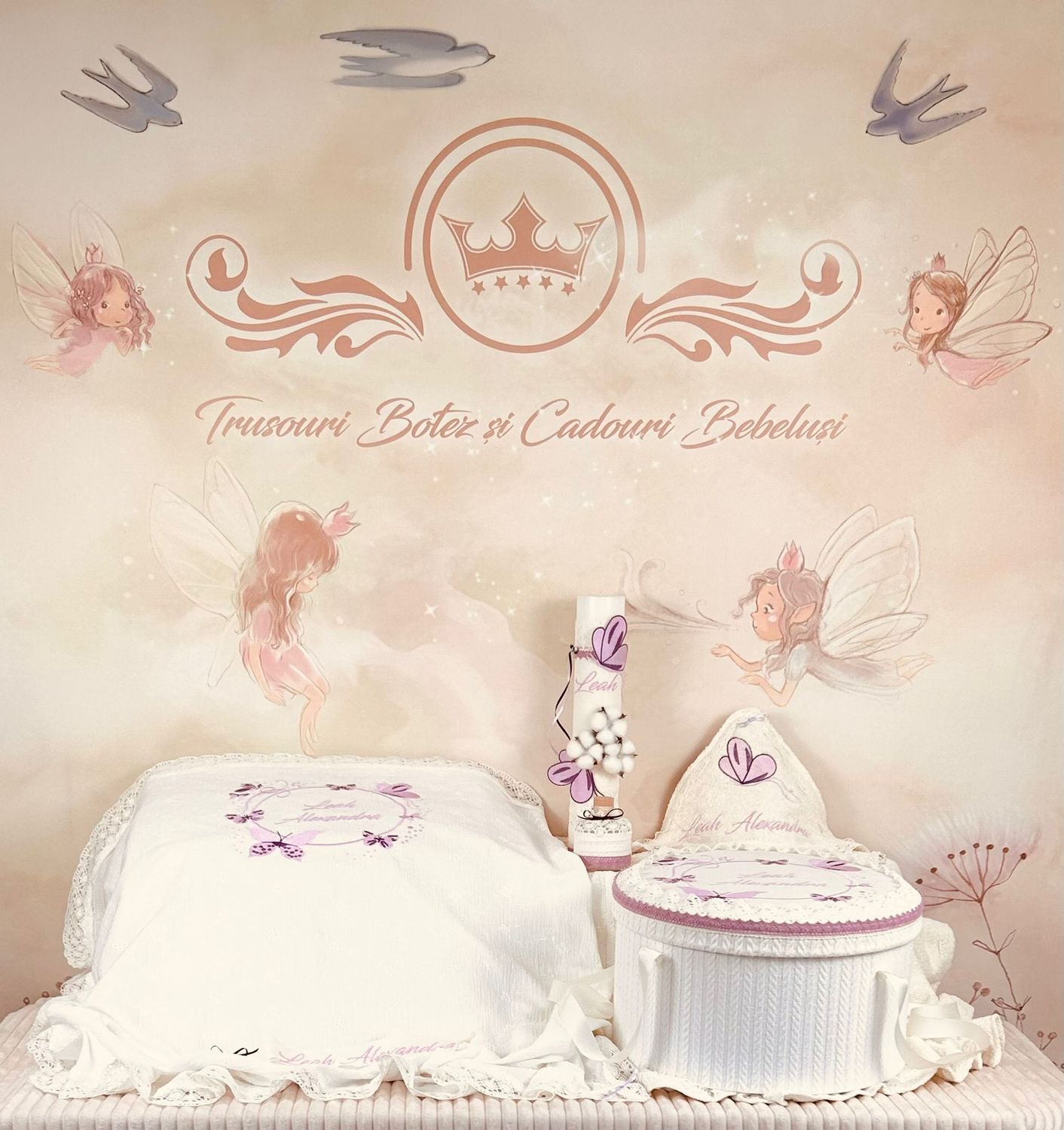 Trusou Muselina Fluturi Mov cu Lila Set Biserica Premium