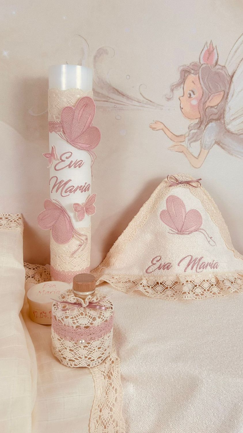 Trusou Botez Muselina Bumbac si Fluturi Eva Set Biserica