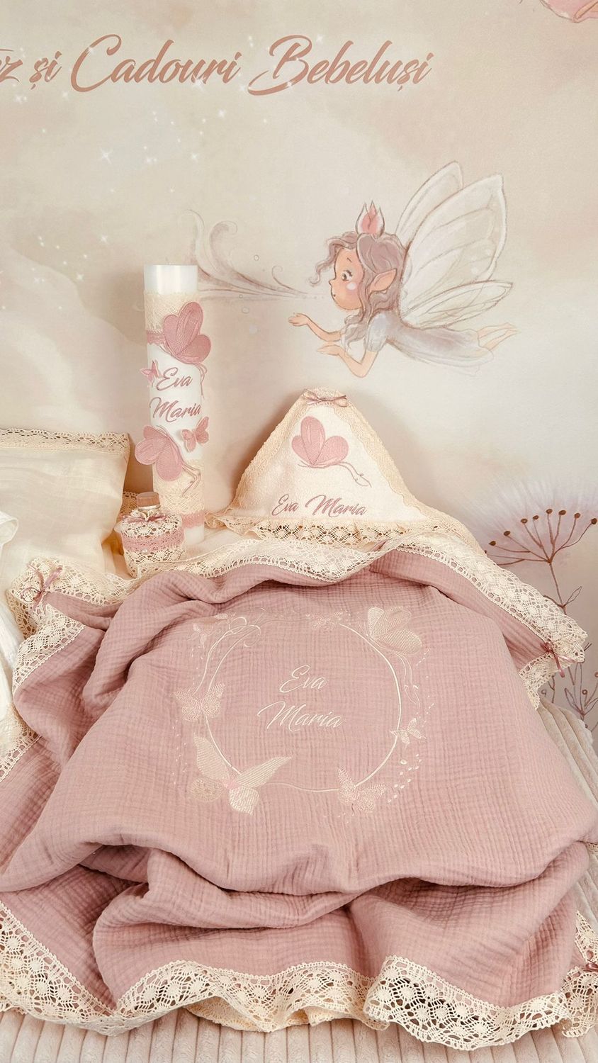 Trusou Botez Muselina Bumbac si Fluturi Eva Set Biserica