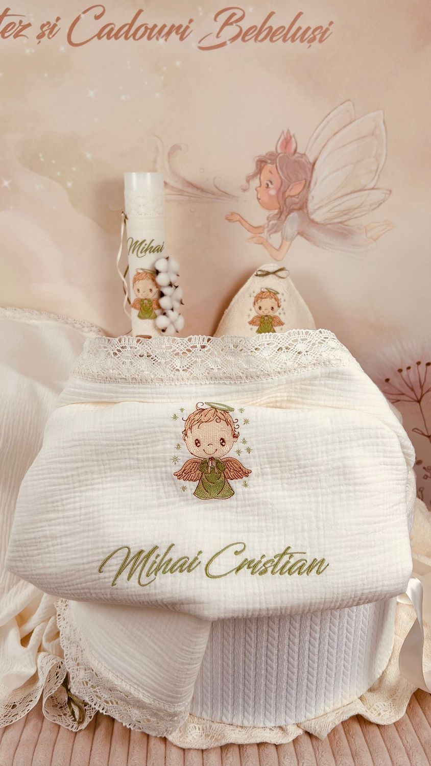 Trusou Botez Muselina Ingeras verde - Set Biserica Premium