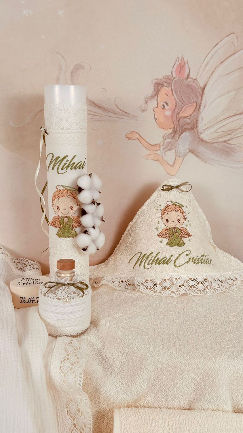 Trusou Botez Muselina Ingeras verde - Set Biserica Premium