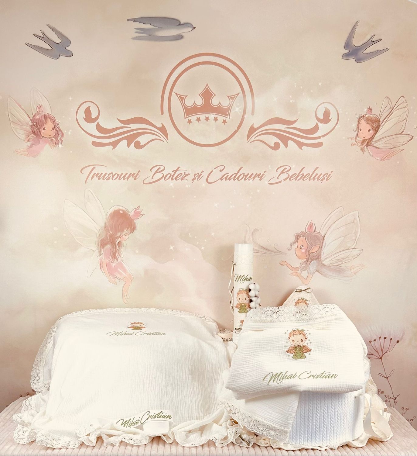 Trusou Botez Muselina Ingeras verde - Set Biserica Premium