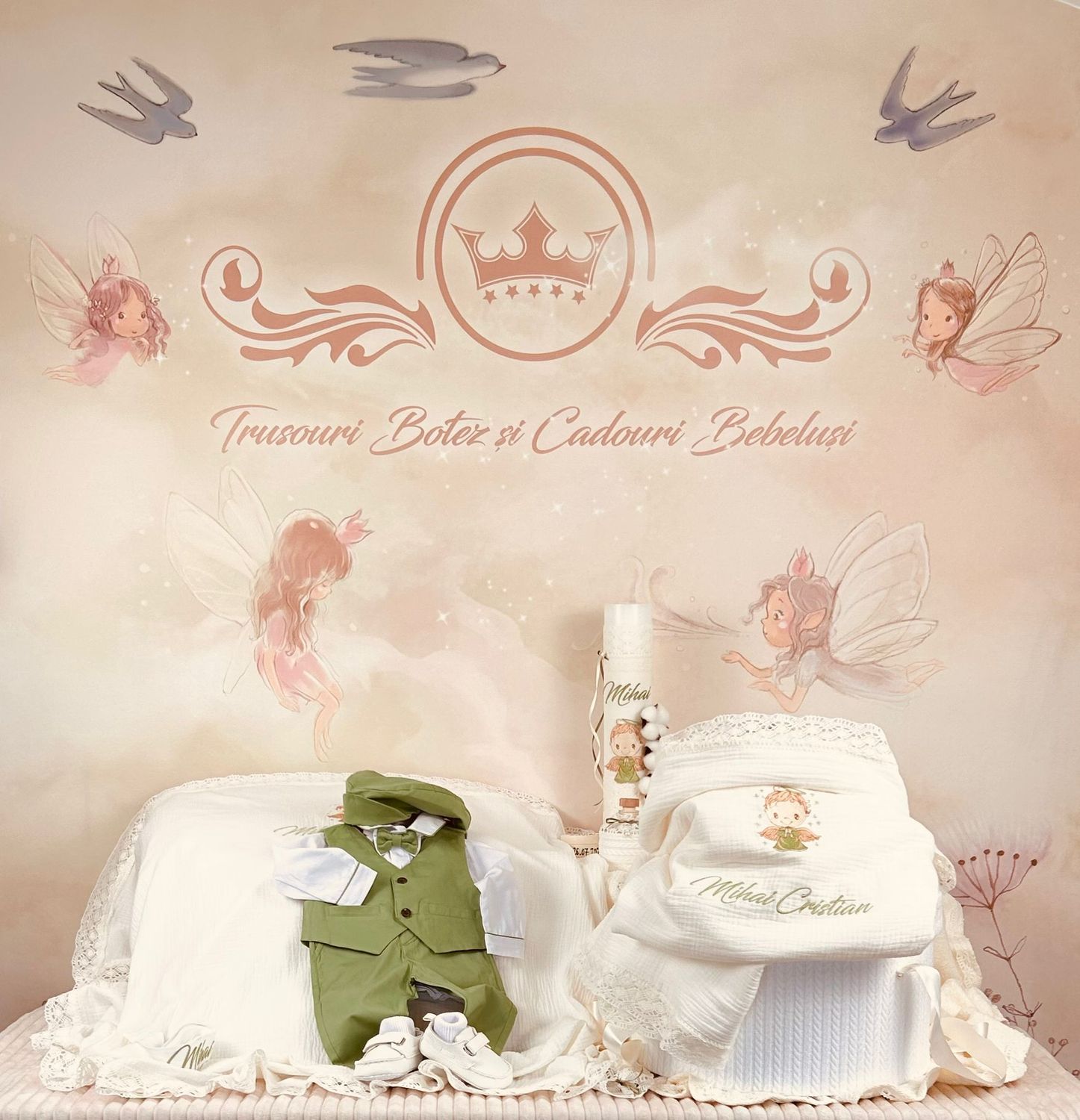 Trusou Botez Muselina Ingeras verde - Set Biserica Premium