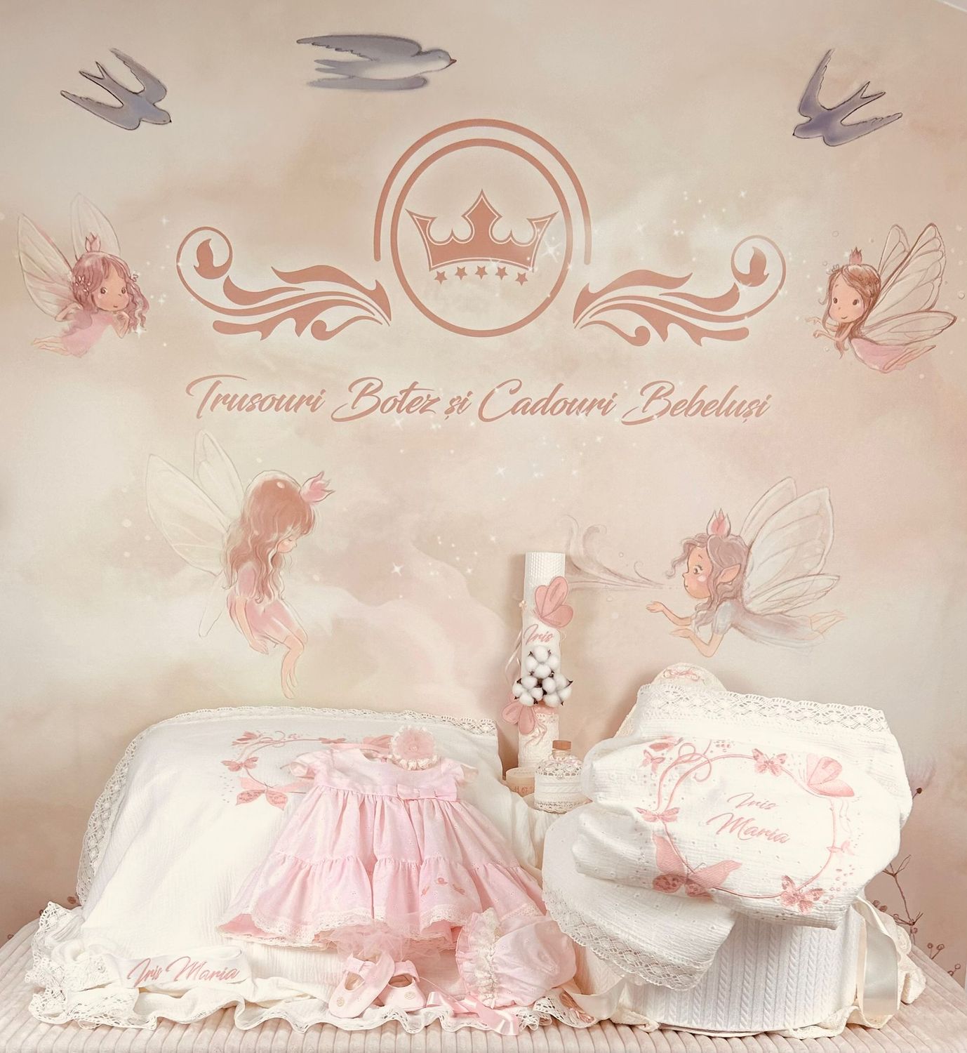 Trusou Botez Muselina Bumbac si Fluturi Iris Set Biserica Premium