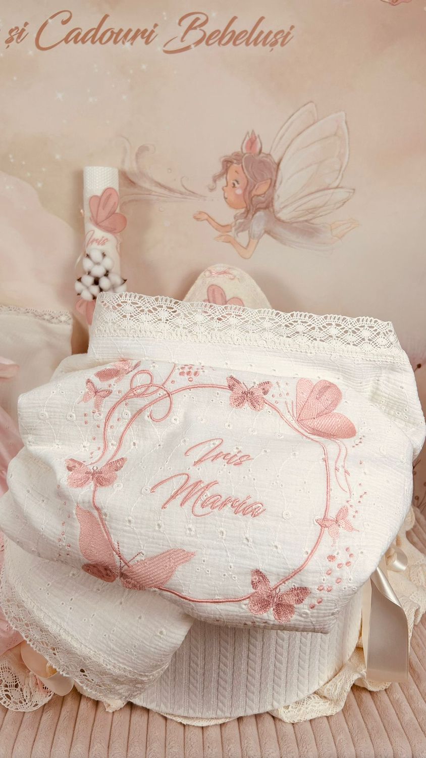 Trusou Botez Muselina Bumbac si Fluturi Iris Set Biserica Premium