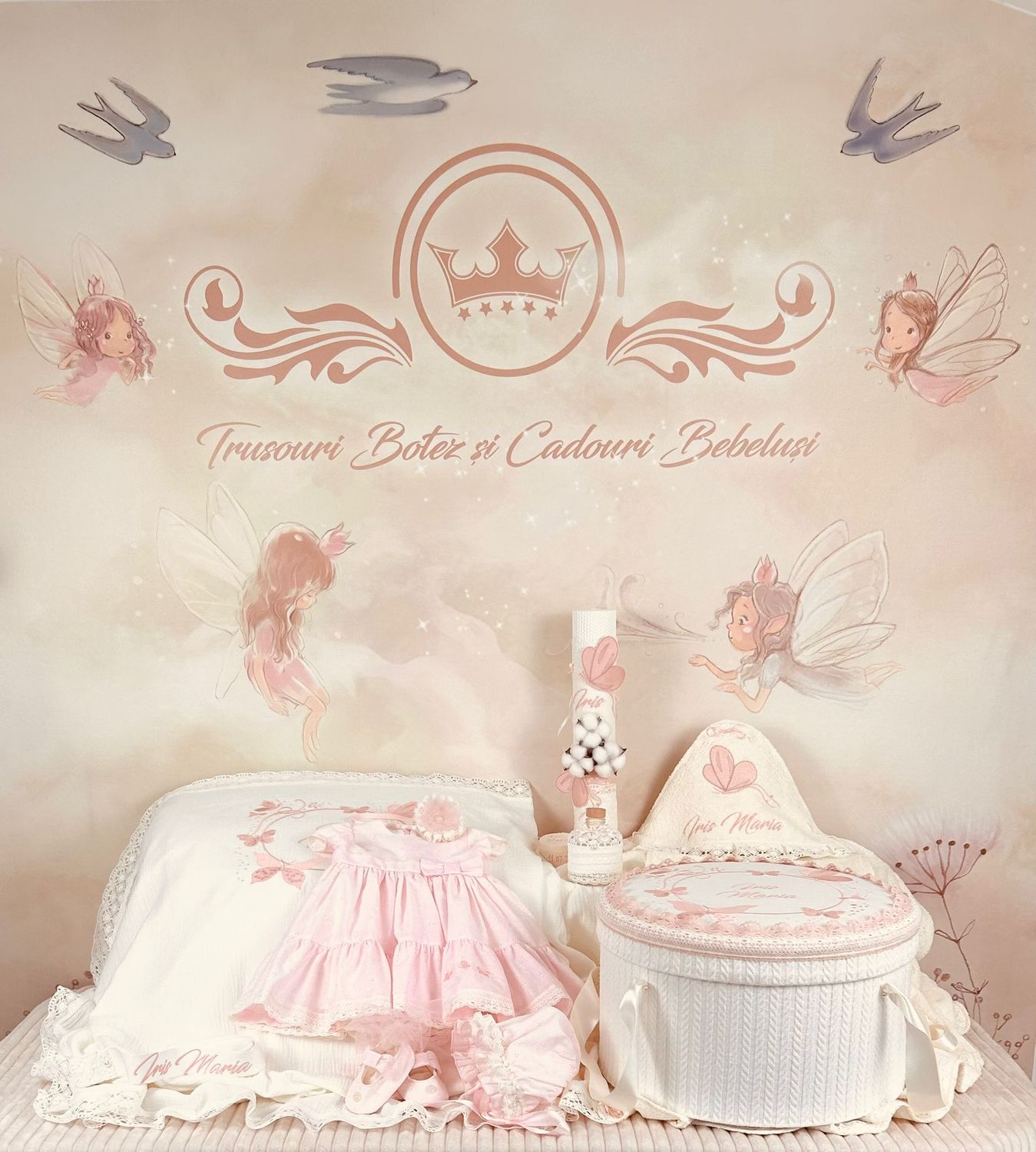 Trusou Botez Muselina Bumbac si Fluturi Iris Set Biserica PremiumMax