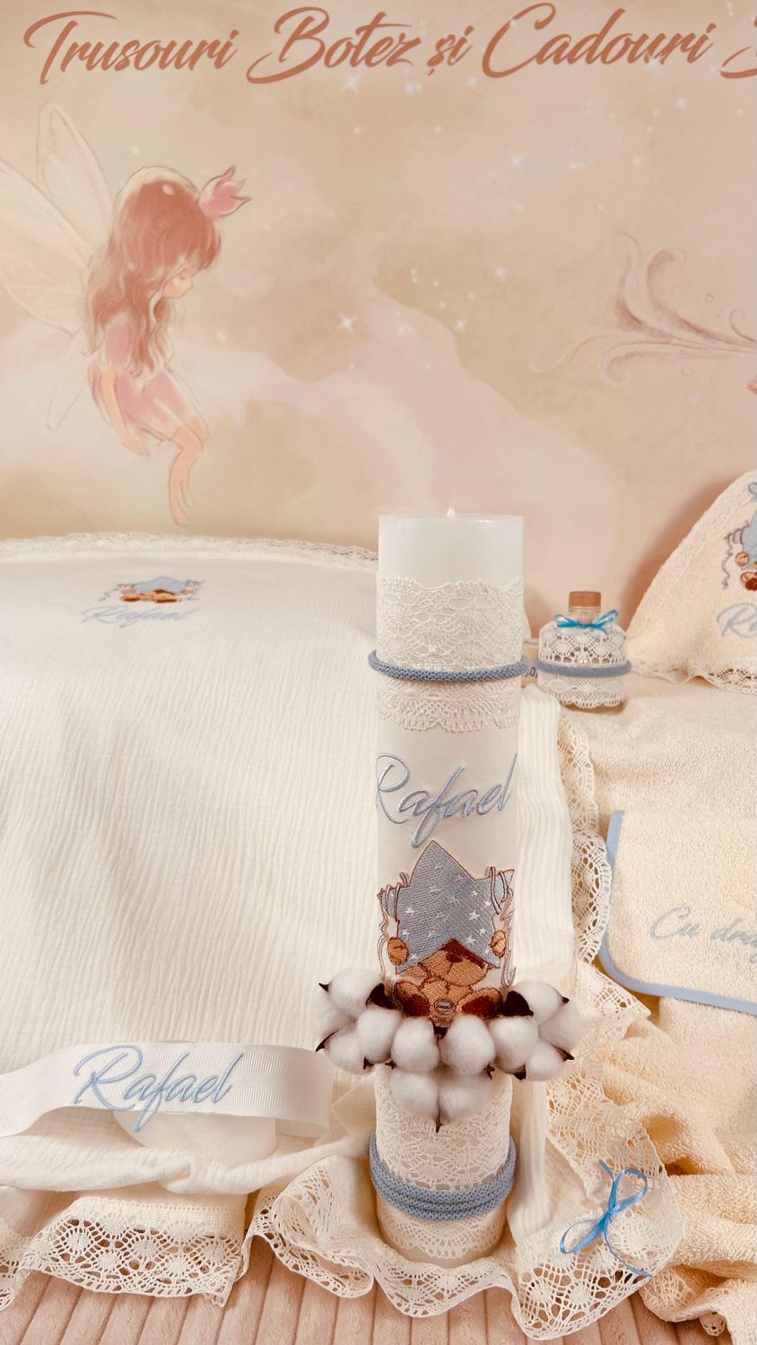 Trusou Botez Muselina Urs cu stea Bleu - Set Biserica Premium