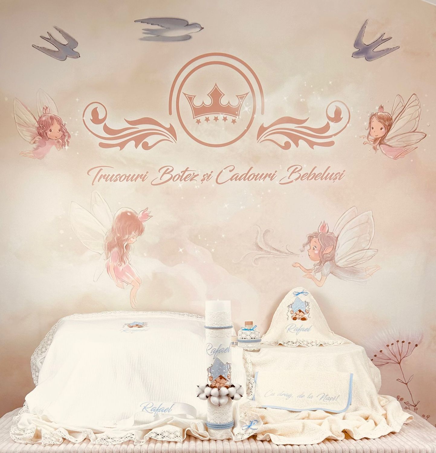 Trusou Botez Muselina Urs cu stea Bleu - Set Biserica Premium