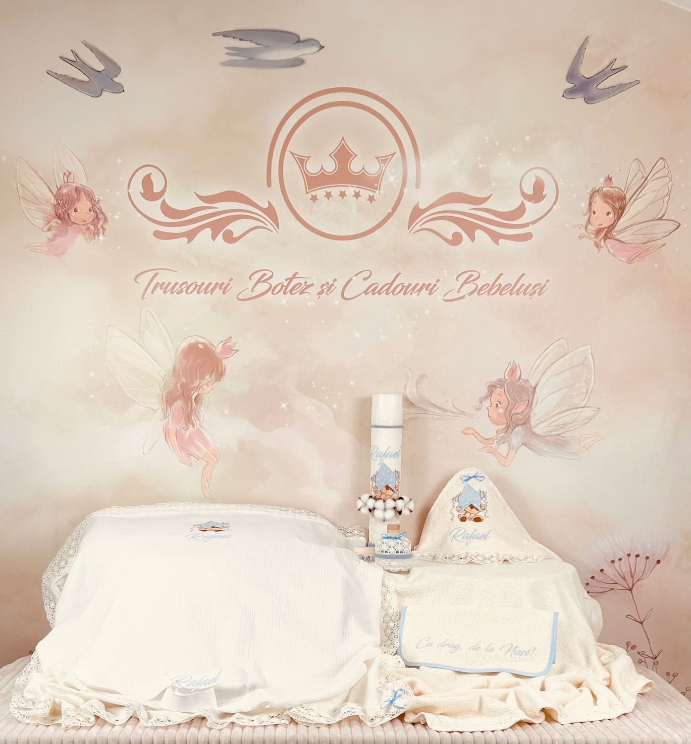 Trusou Botez Muselina Urs cu stea Bleu - Set Biserica Premium