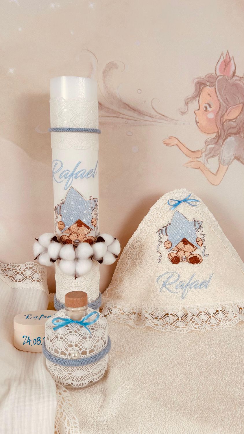 Trusou Botez Muselina Urs cu stea Bleu - Set Biserica Premium