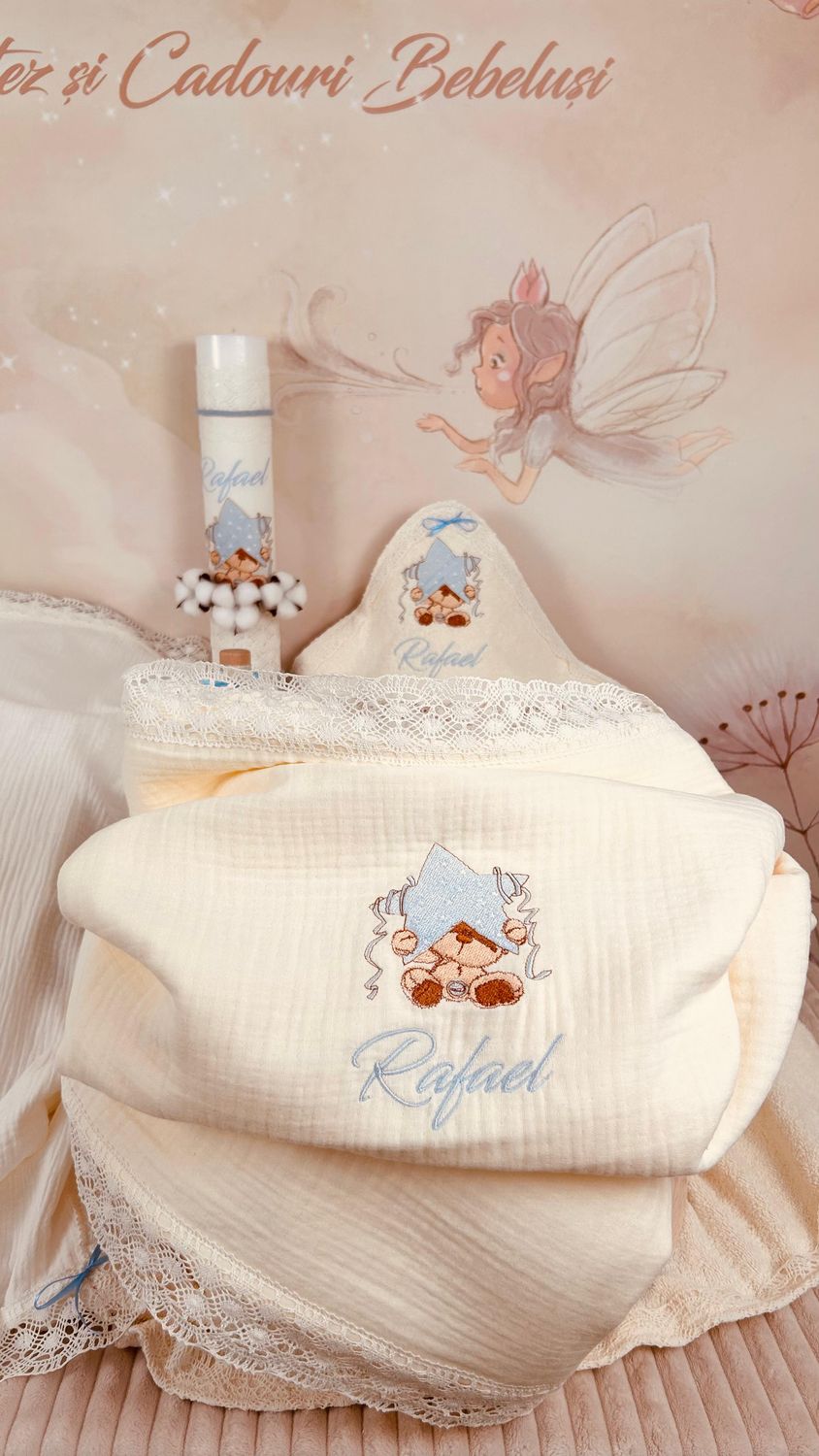 Trusou Botez Muselina Urs cu stea Bleu - Set Biserica Premium