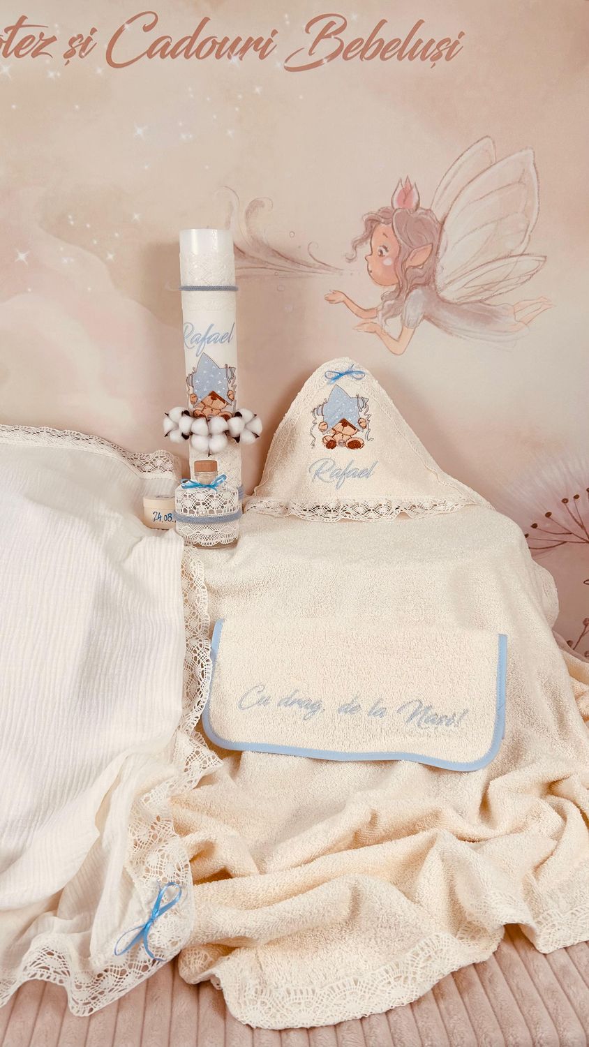 Trusou Botez Muselina Urs cu stea Bleu - Set Biserica Premium
