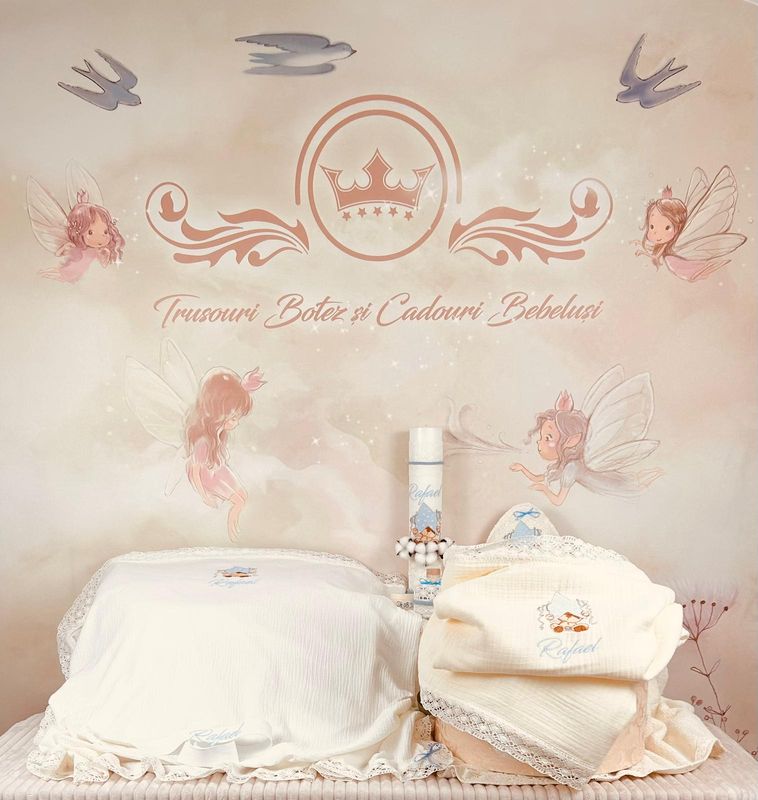 Trusou Botez Muselina Urs cu stea Bleu - Set Biserica Premium Trusou Botez Muselina Urs cu stea Bleu - Set Biserica Premium