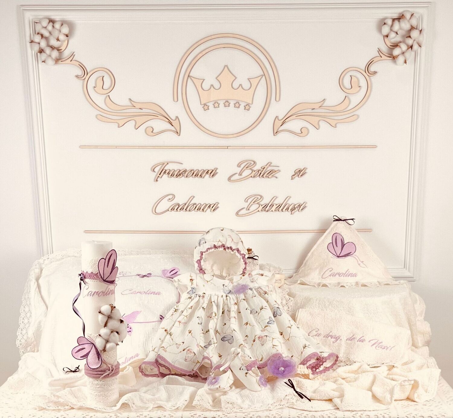 Trusou Botez Muslin Bumbac si Fluturi Carolina - Set Biserica