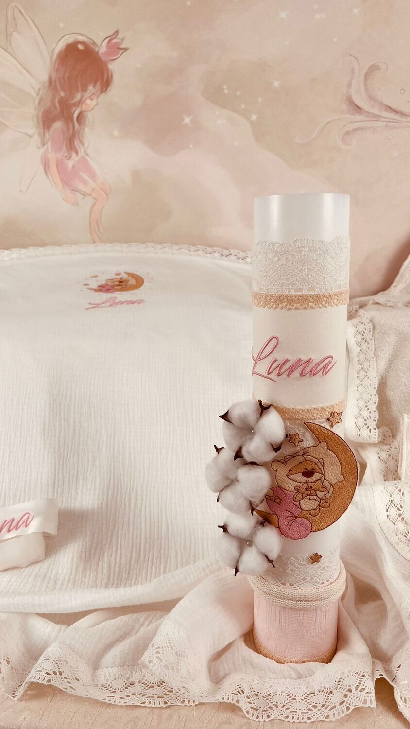 Trusou Botez Muslin Personalizat Luna - Set Biserica Trusou Botez Muslin Personalizat Luna - Set Biserica