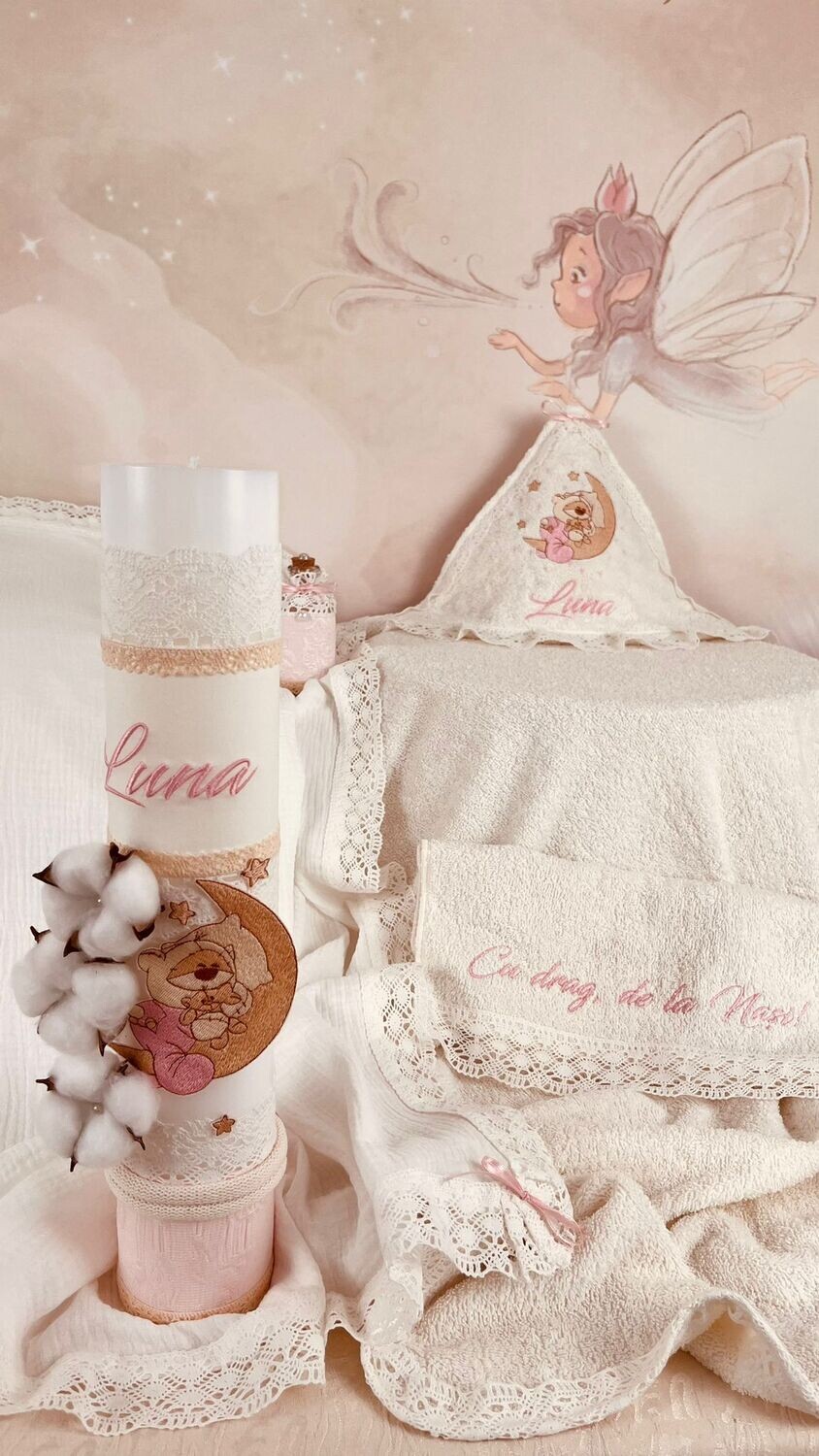 Trusou Botez Muslin Personalizat Luna - Set Biserica Trusou Botez Muslin Personalizat Luna - Set Biserica