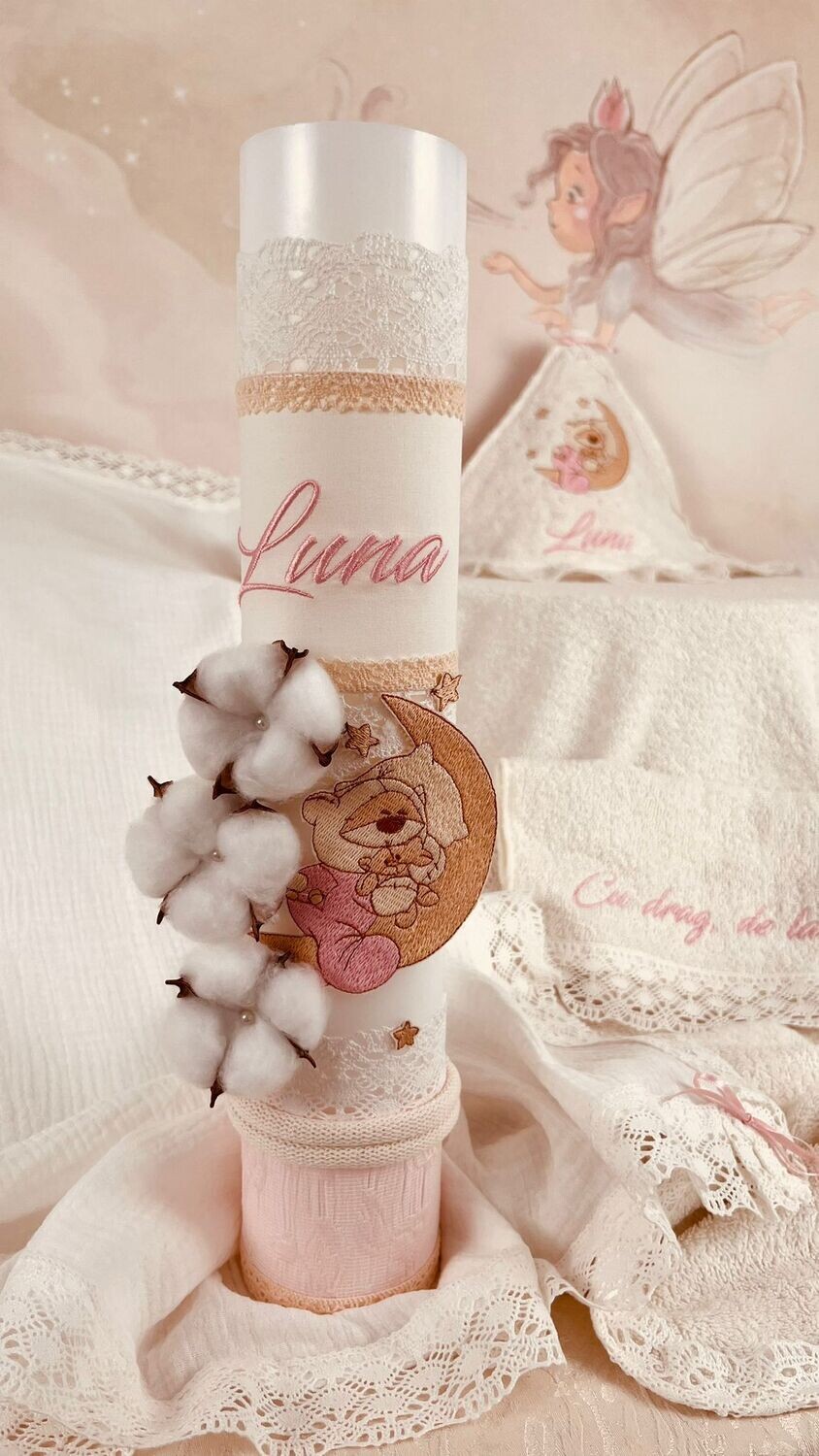 Trusou Botez Muslin Personalizat Luna - Set Biserica Trusou Botez Muslin Personalizat Luna - Set Biserica