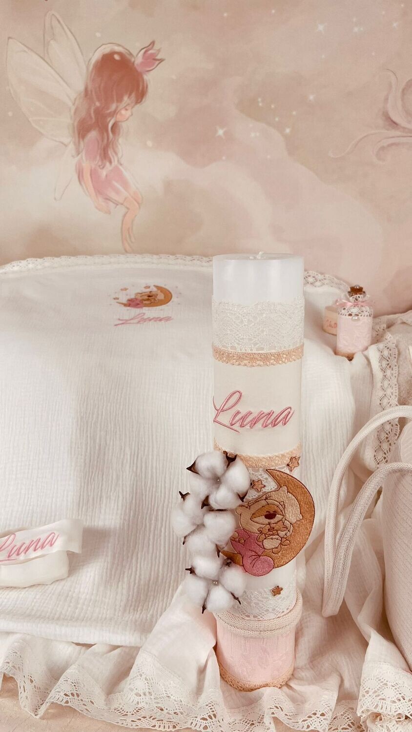 Trusou Botez Muslin Personalizat Luna - Set Biserica Trusou Botez Muslin Personalizat Luna - Set Biserica