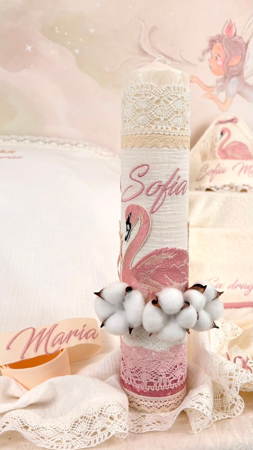 Trusou Botez Muslin Personalizat Lebada roz - Set Biserica